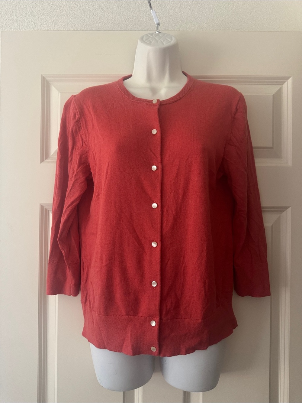 Ann Taylor Coral-Red Crewneck Button 3/4 sleeve Cotton/Modal Cardigan size L